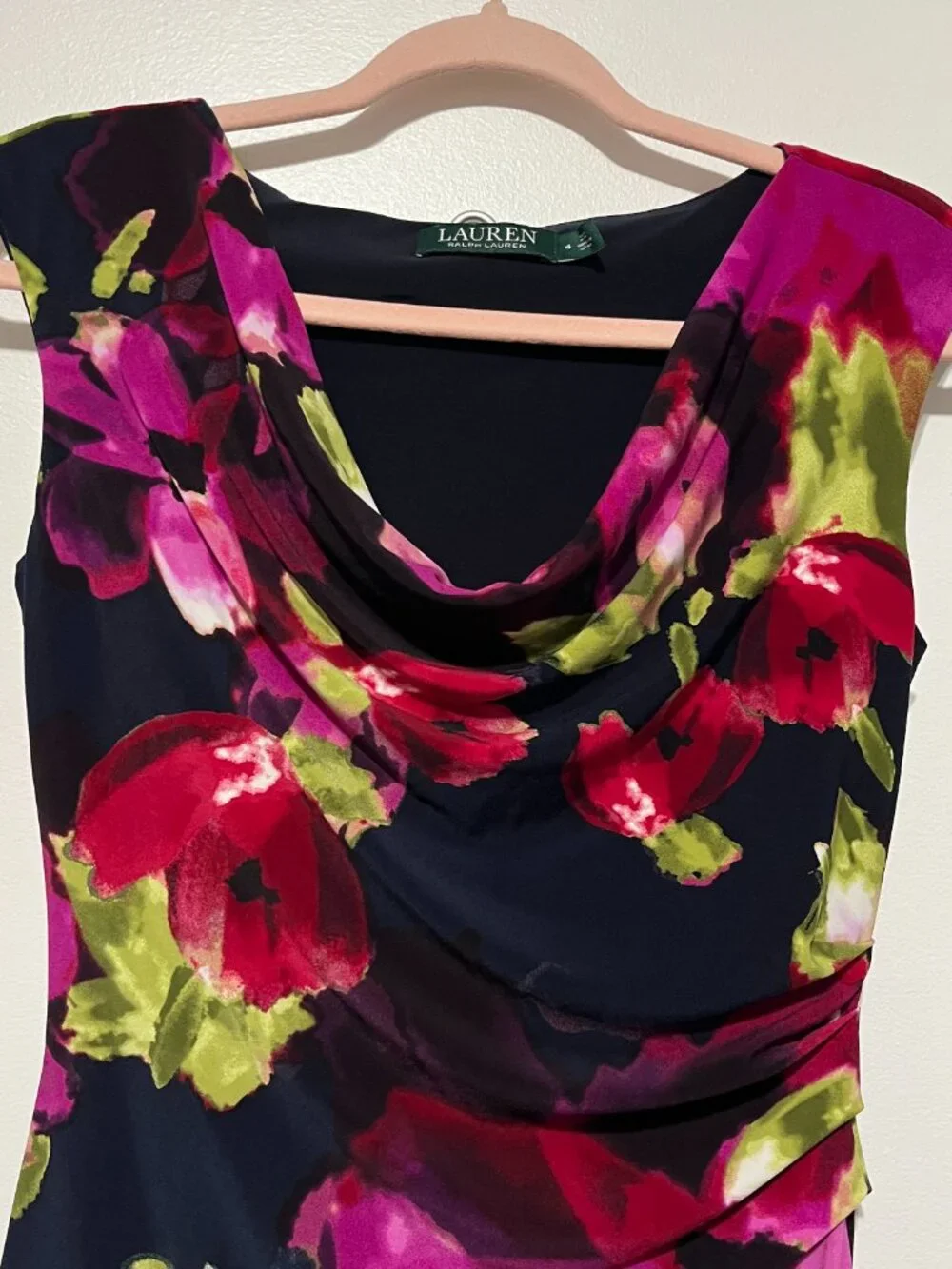 LRL Ralph Lauren Ruched Cowl Dress 4 Dark Floral 90s Elegant Party Secretary